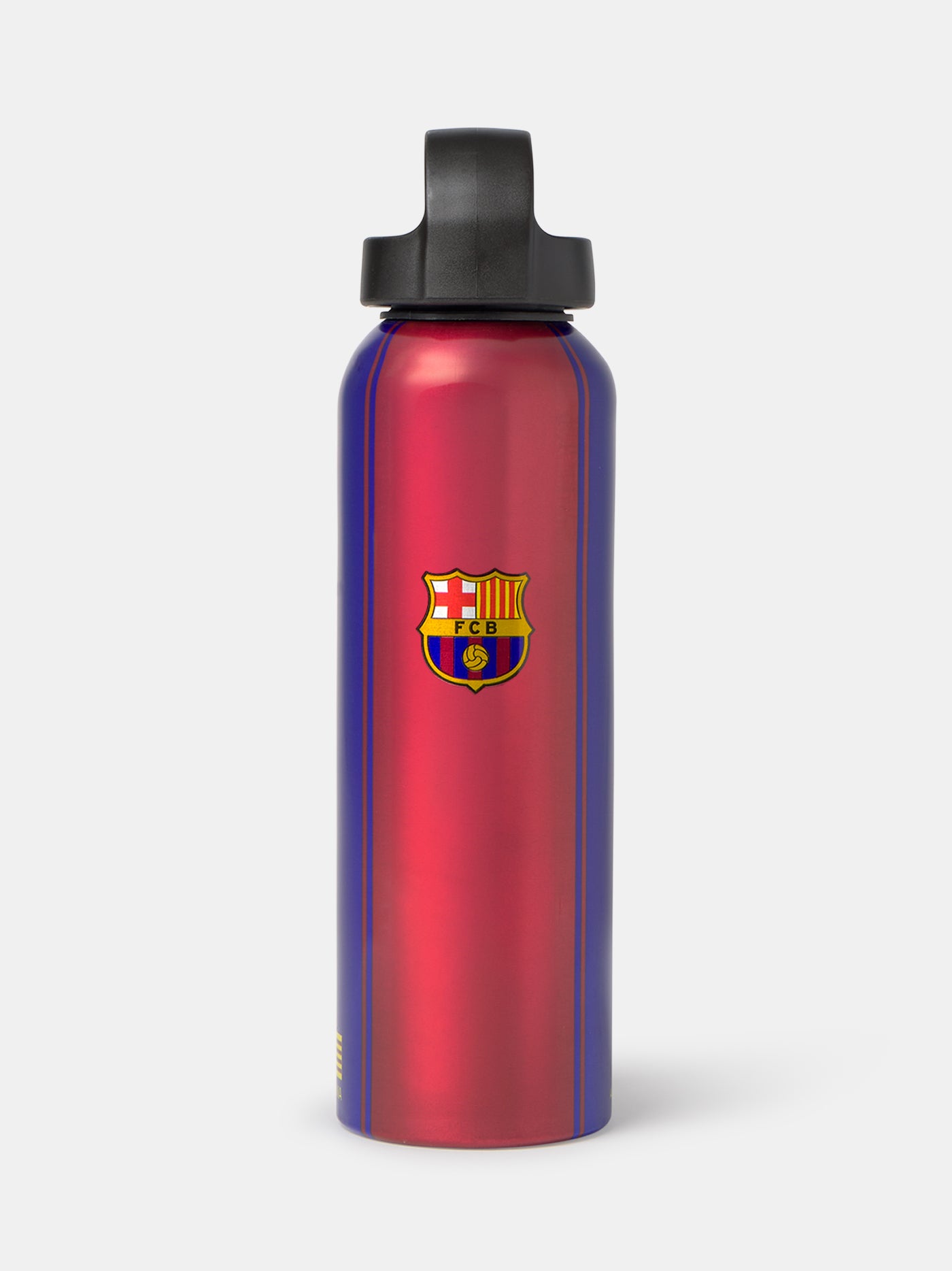 Red and blue aluminum water bottle with FC Barcelona crest on the front.