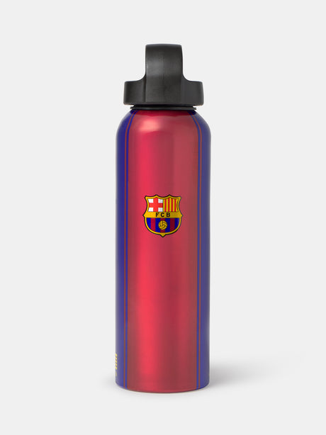 Red and blue aluminum water bottle with FC Barcelona crest on the front.