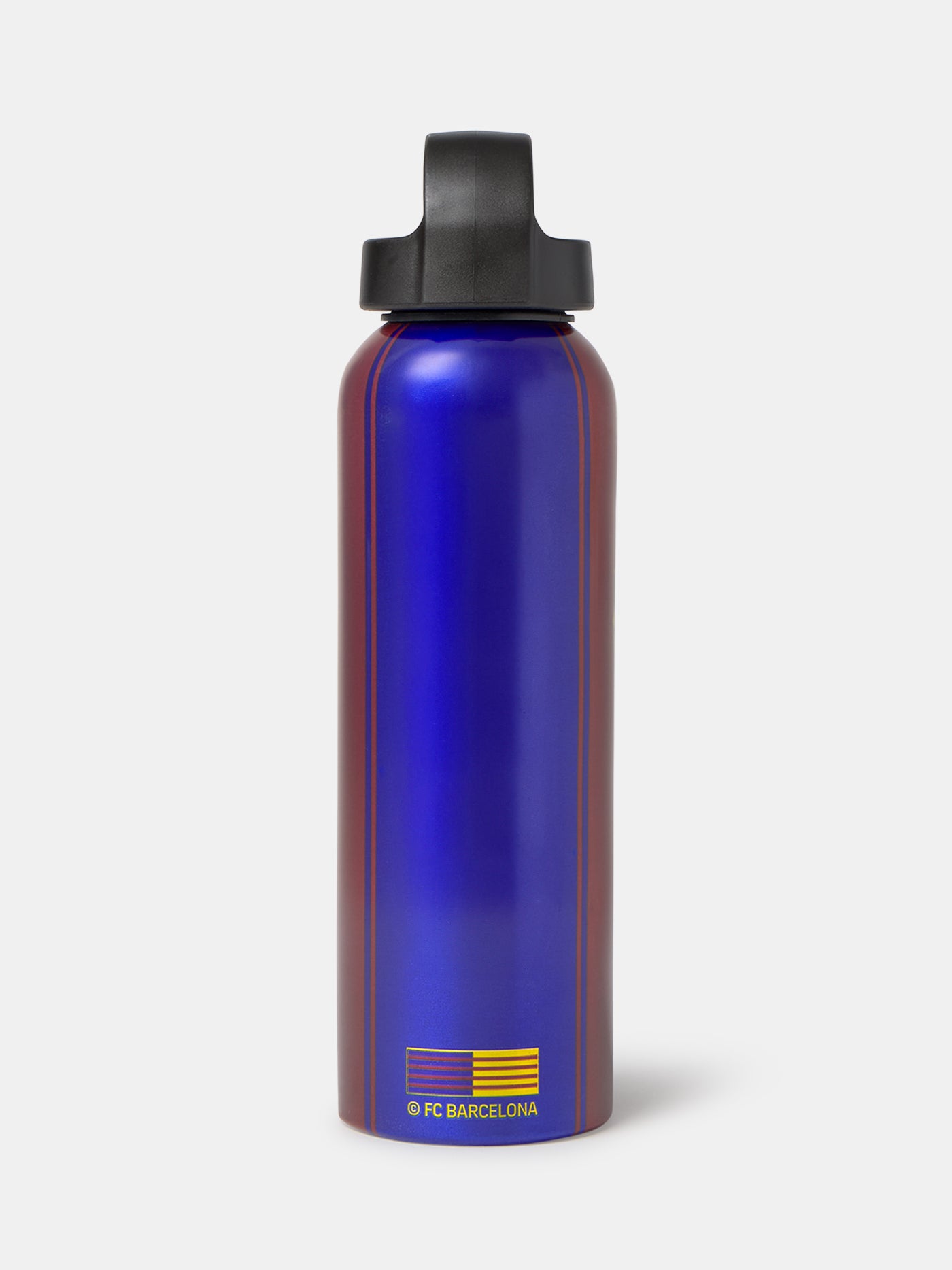 Red and blue aluminum water bottle with FC Barcelona crest on the front.