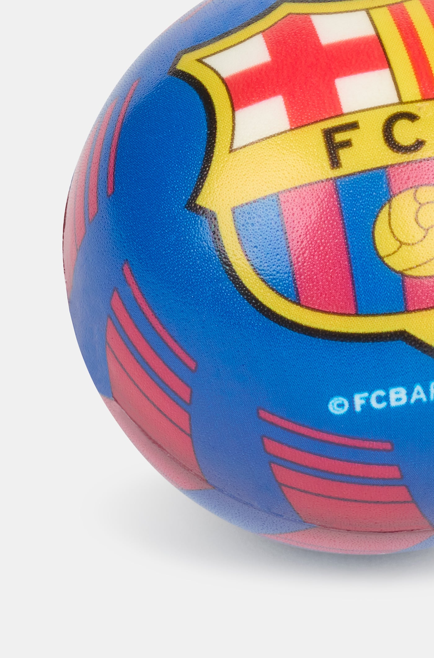 "Small blue FC Barcelona ball featuring the club's crest prominently in the center, with red stripes and the word 'BARCELONA' printed underneath."