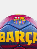 Soccer ball with Barcelona FC logo and 'BARÇA' text on a red and blue background