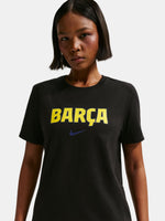 Person wearing a black t-shirt with 'BARÇA' and Nike logo on a white background