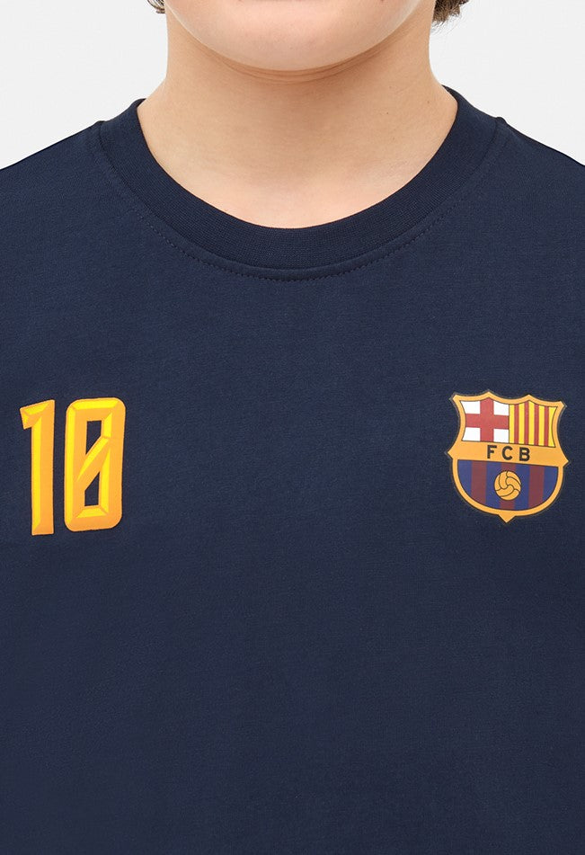  navy FC Barcelona jersey with 'BARÇA' text and the number 10 printed in bold yellow.