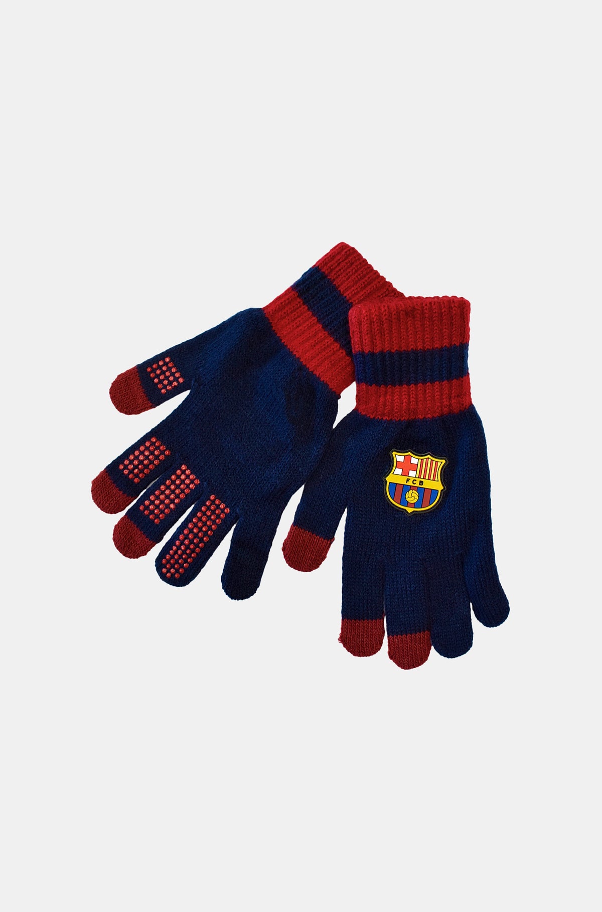 Knitted gloves in navy blue and red stripes with non-slip red dots on the palm side and the FC Barcelona crest on the back of one glove