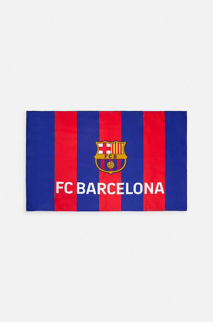 FC Barcelona flag with vertical blue and red stripes, featuring the club crest and 'FC BARCELONA' text in white