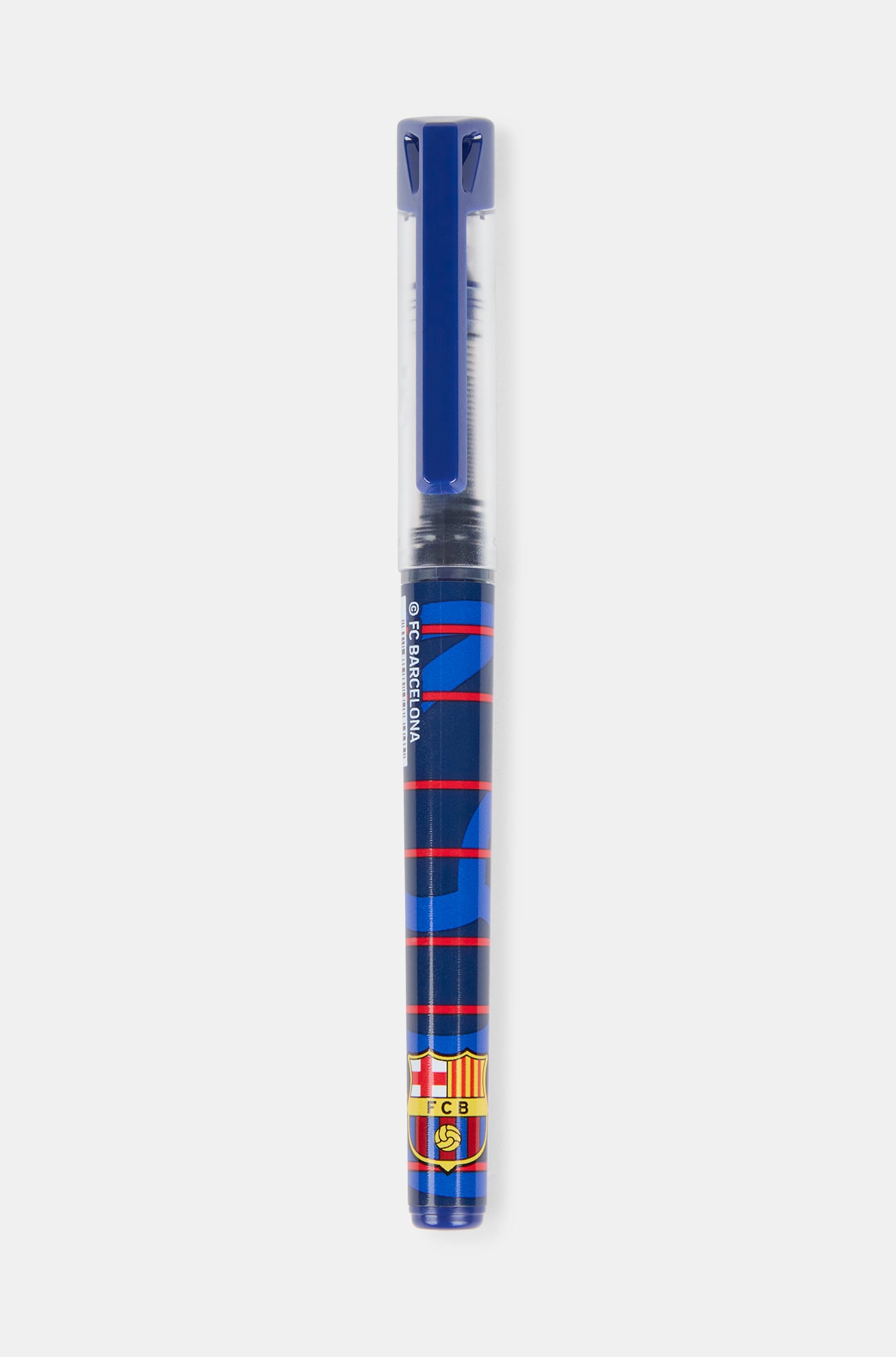  Blue and red FC Barcelona fountain pen with vertical stripes and the club's crest near the base, capped with a transparent and blue top.


