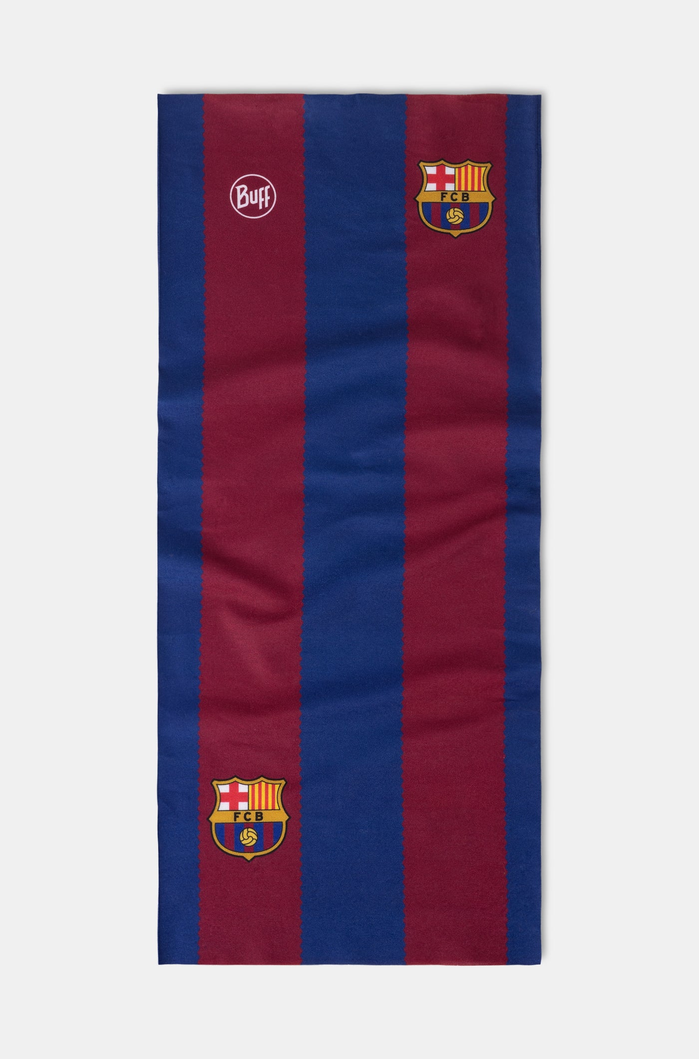 FC Barcelona Buff-style neck gaiter in red and blue vertical stripes, featuring multiple club crests and the Buff logo