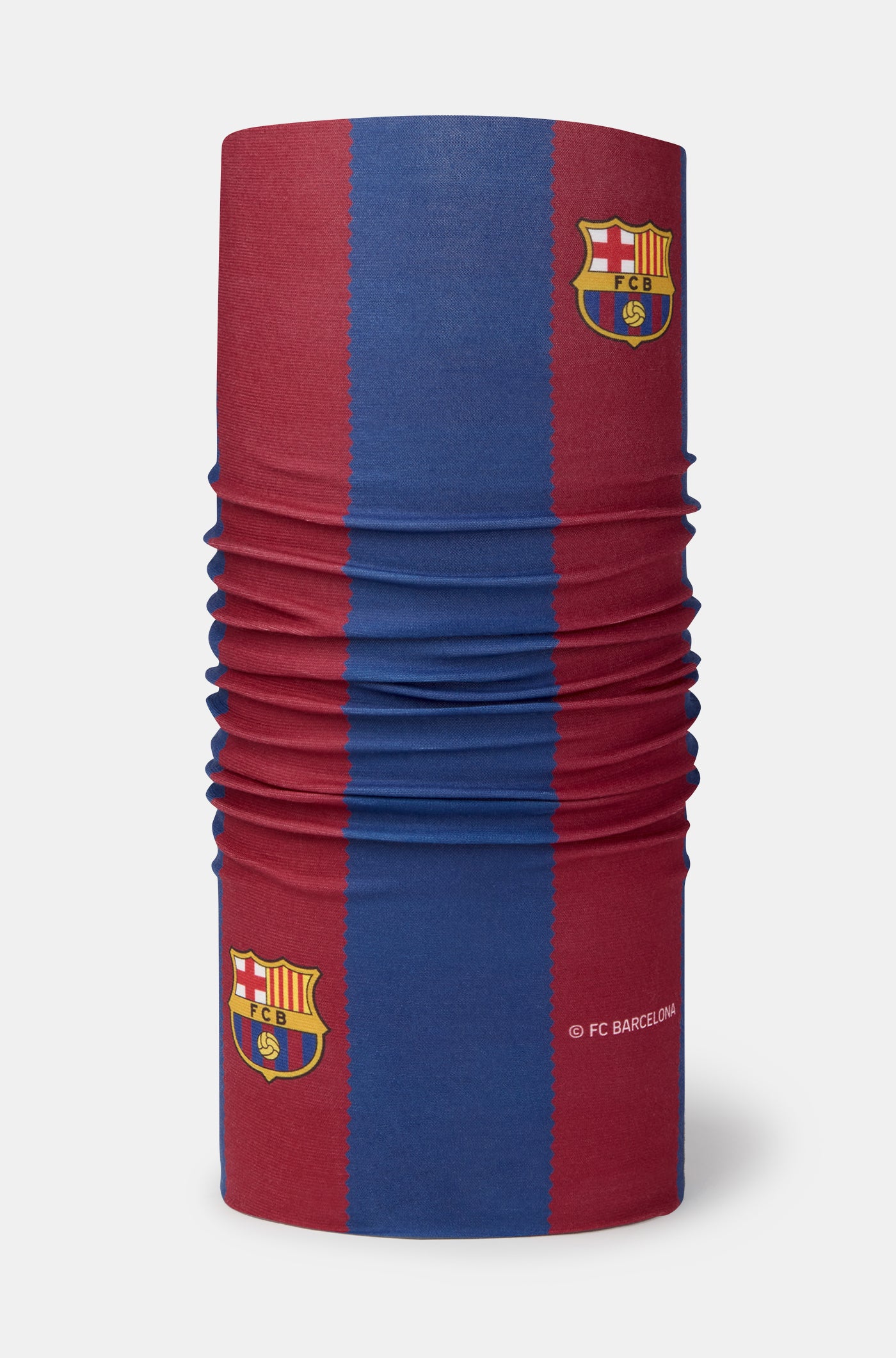 FC Barcelona Buff-style neck gaiter in red and blue vertical stripes, featuring multiple club crests and the Buff logo
