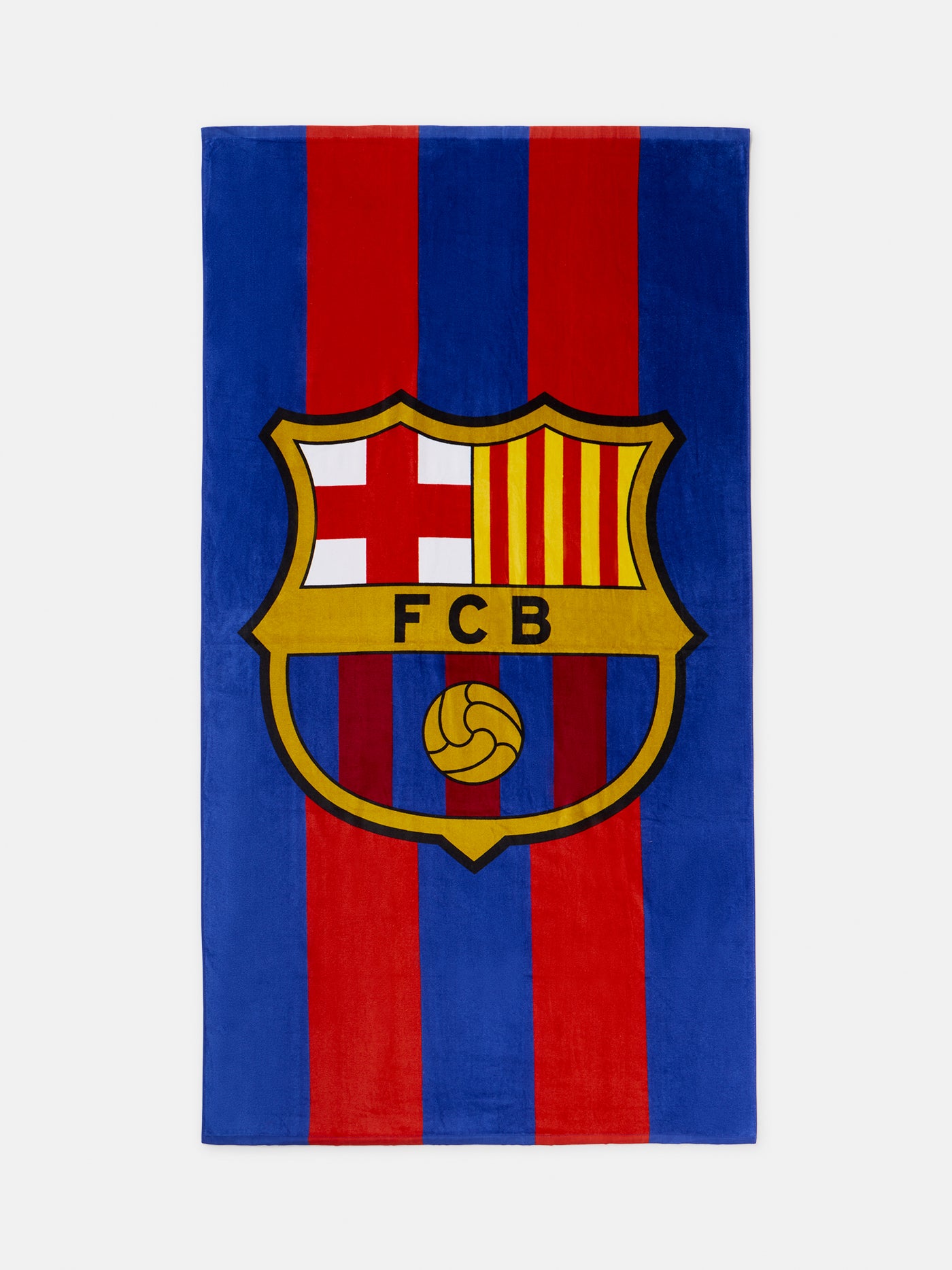 FC Barcelona beach towel featuring vertical blue and red stripes with a large central club crest.