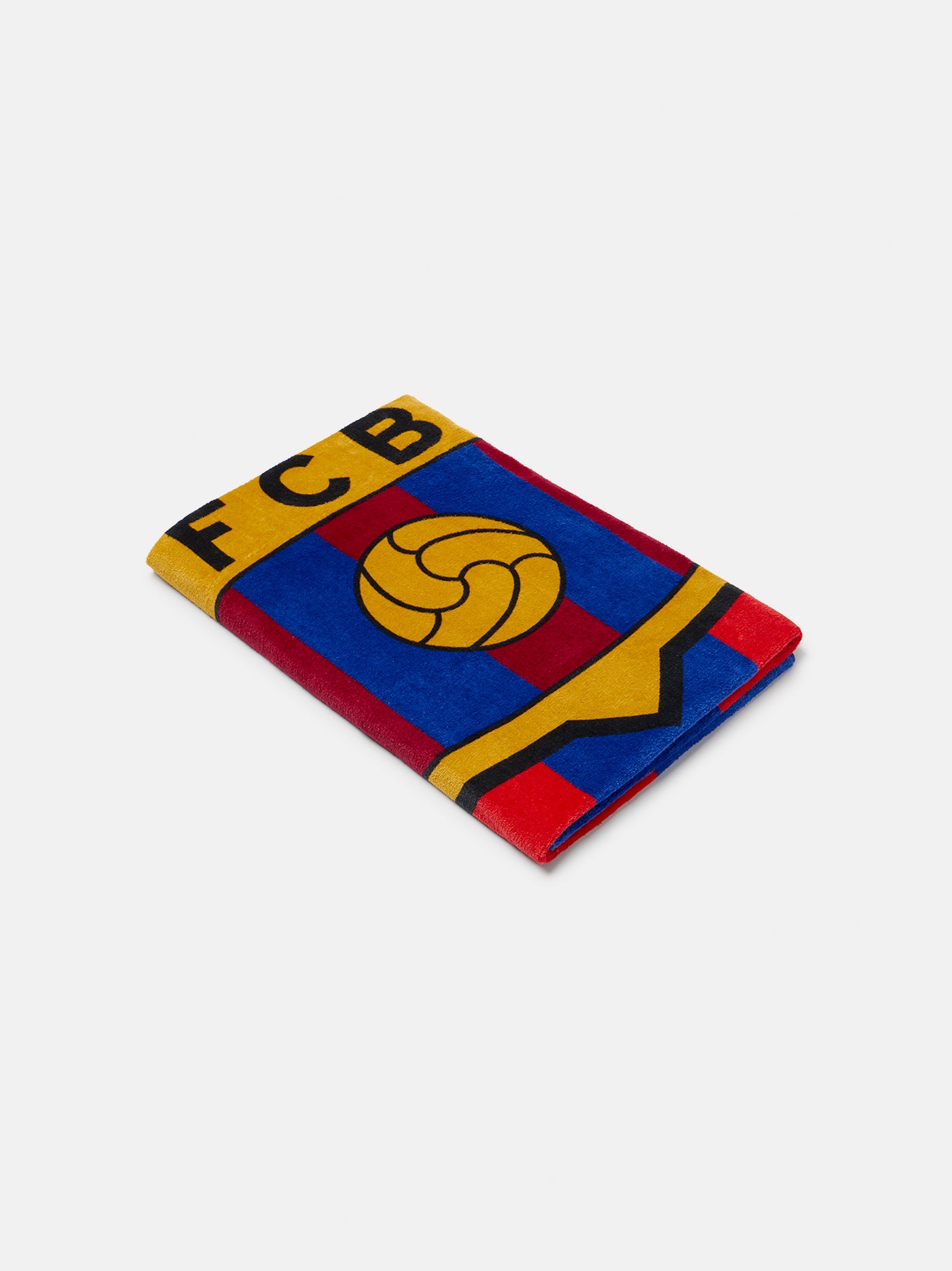 FC Barcelona beach towel featuring vertical blue and red stripes with a large central club crest.