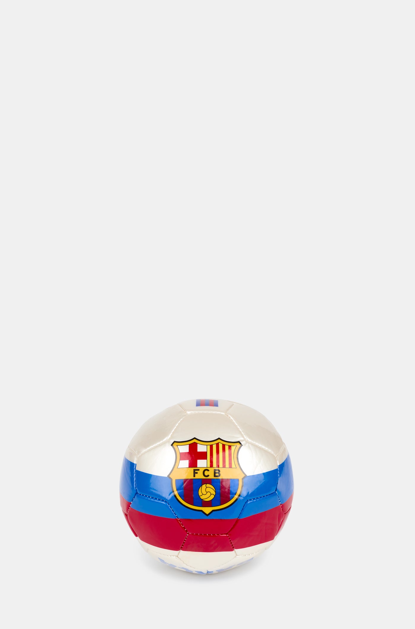 White football with blue and red stripes, featuring a large FC Barcelona crest in the center
