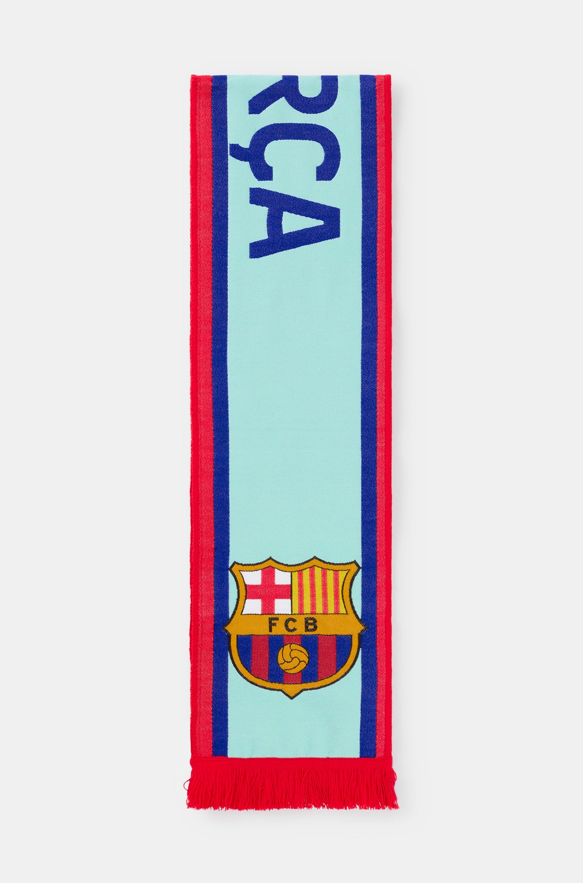 Light blue FC Barcelona scarf with red and blue borders, featuring the word 'BARÇA' in dark blue and the club crest at both ends.