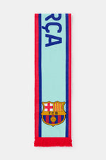 Light blue FC Barcelona scarf with red and blue borders, featuring the word 'BARÇA' in dark blue and the club crest at both ends.