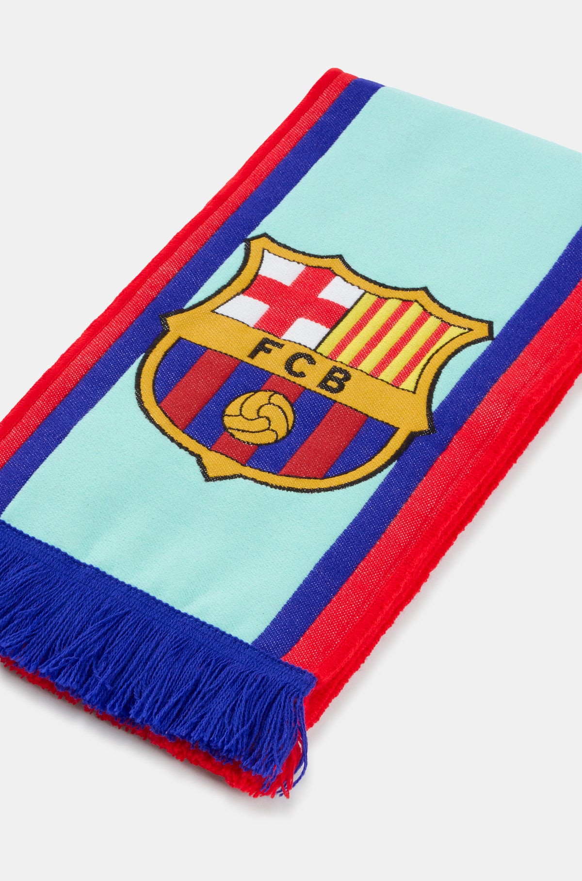 Light blue FC Barcelona scarf with red and blue borders, featuring the word 'BARÇA' in dark blue and the club crest at both ends.