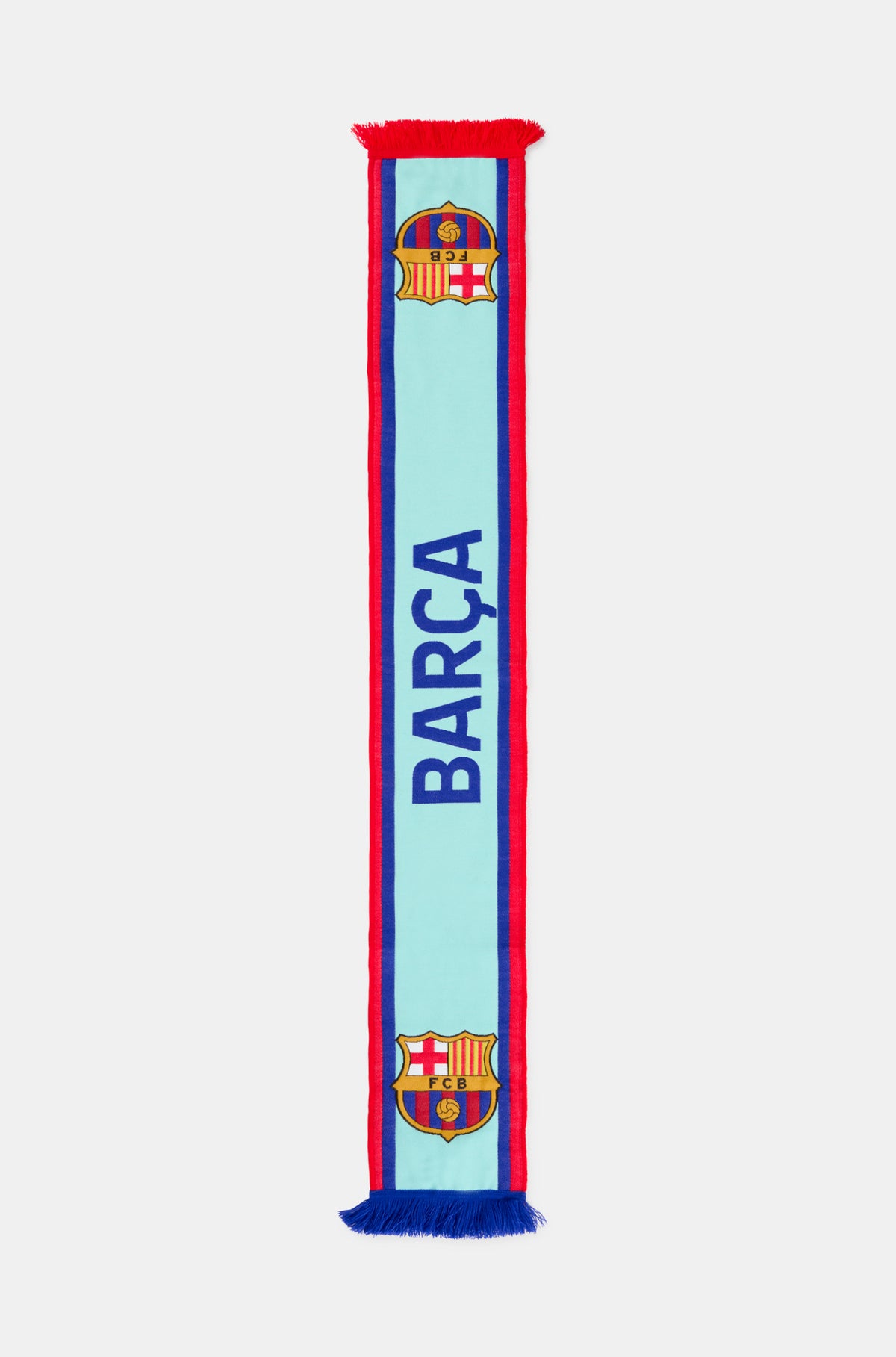 Light blue FC Barcelona scarf with red and blue borders, featuring the word 'BARÇA' in dark blue and the club crest at both ends.