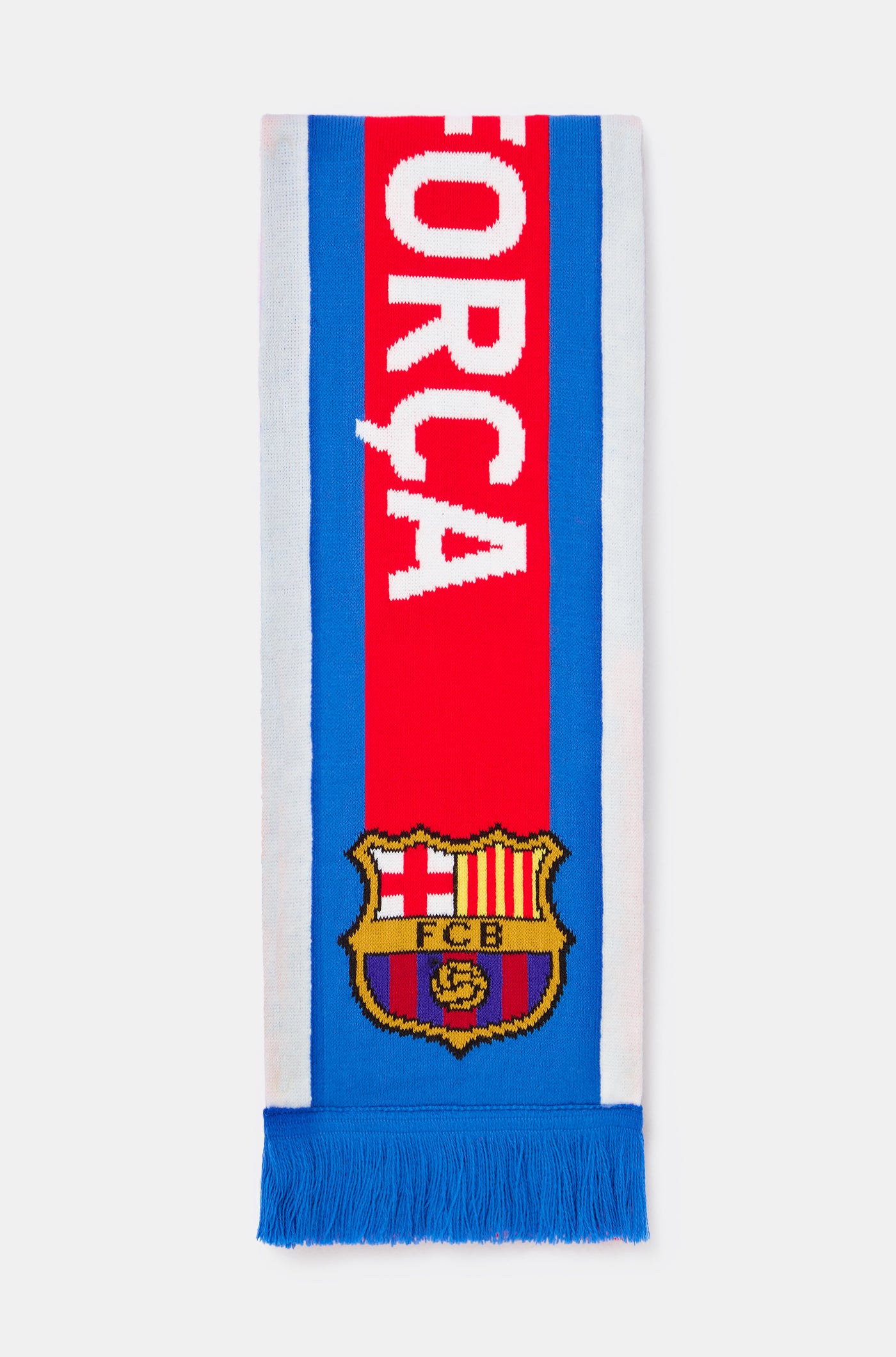 Red and blue FC Barcelona scarf with the club crest at both ends and the word 'BARÇA' in bold white letters in the center