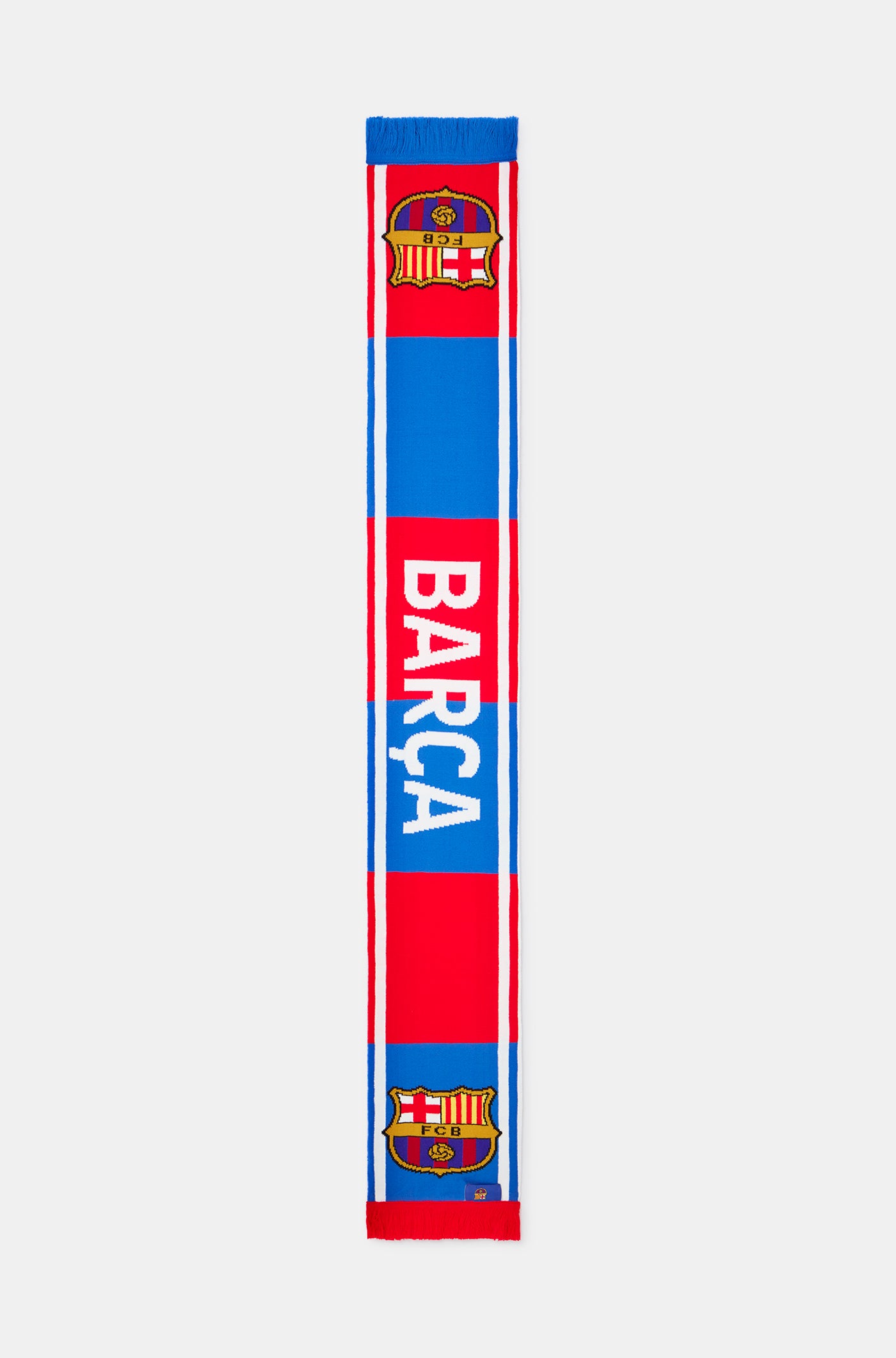 Red and blue FC Barcelona scarf with the club crest at both ends and the word 'BARÇA' in bold white letters in the center