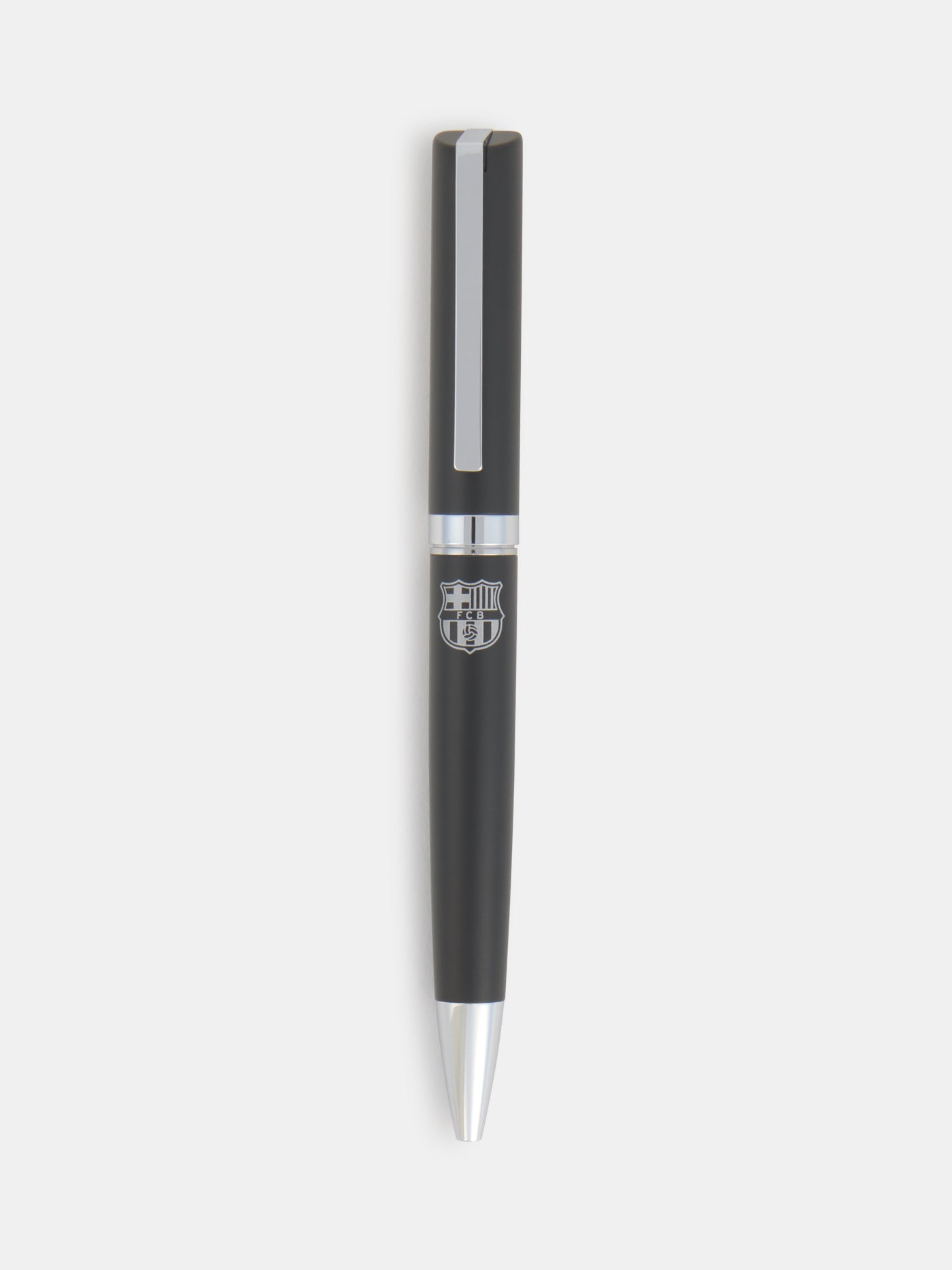 Black and silver pen featuring an engraved FC Barcelona crest on the barrel.