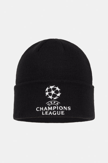 Black beanie with the UEFA Champions League logo and text embroidered in white on the front.