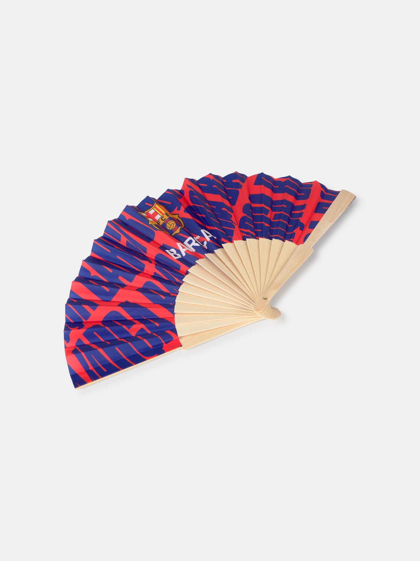 Folding fan with wooden ribs and fabric in FC Barcelona colors, featuring red and blue stripes, the club crest, and the word 'BARÇA' printed on the side.