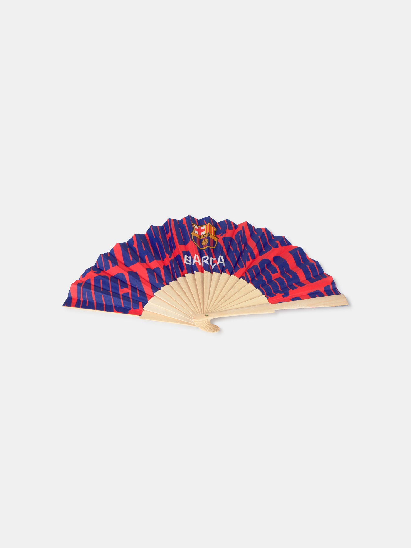 Folding fan with wooden ribs and fabric in FC Barcelona colors, featuring red and blue stripes, the club crest, and the word 'BARÇA' printed on the side.