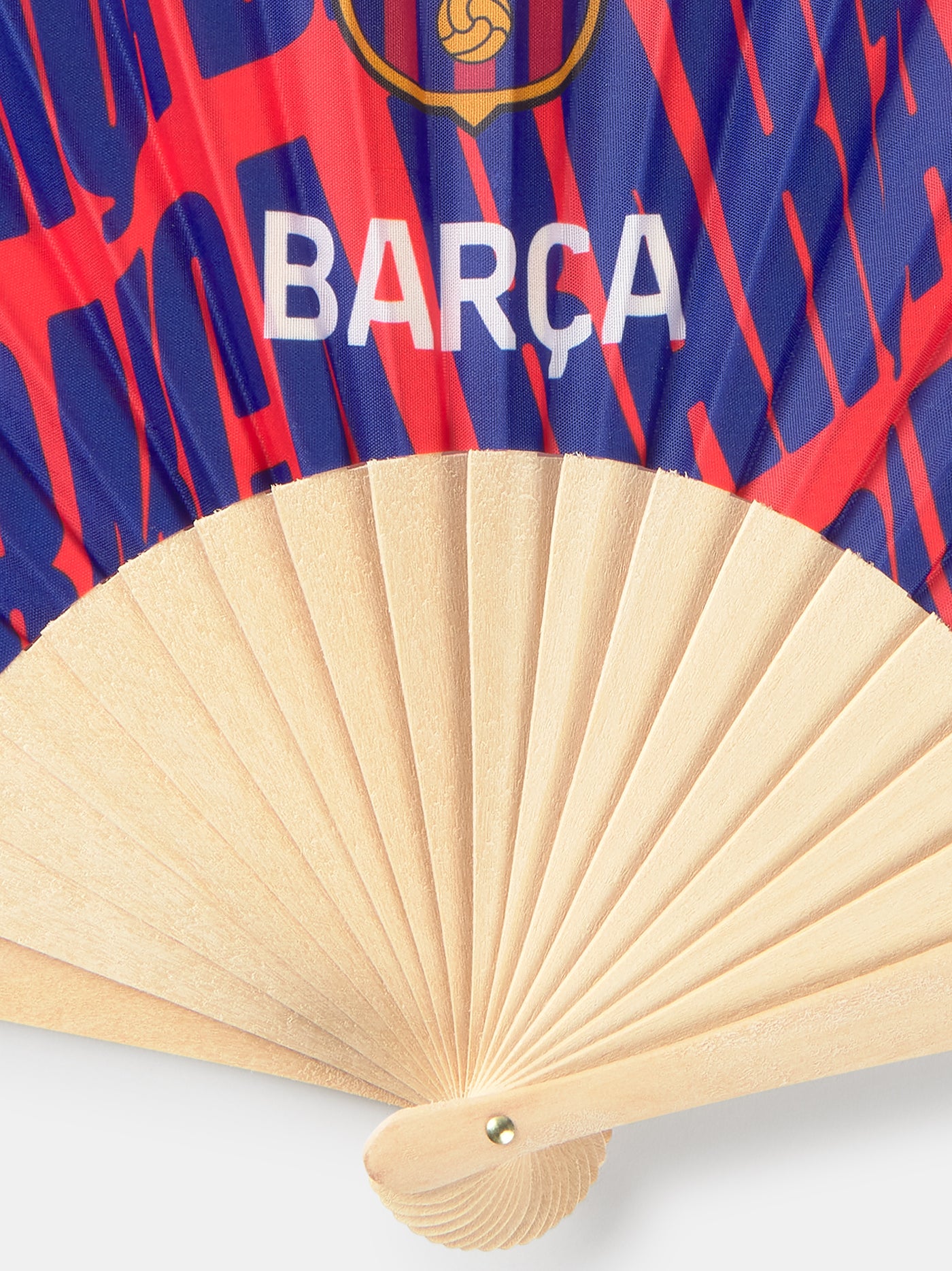 Folding fan with wooden ribs and fabric in FC Barcelona colors, featuring red and blue stripes, the club crest, and the word 'BARÇA' printed on the side.