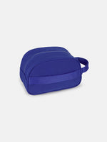 Blue and maroon striped toiletry bag with the FC Barcelona crest and 'FC BARCELONA' text on the front