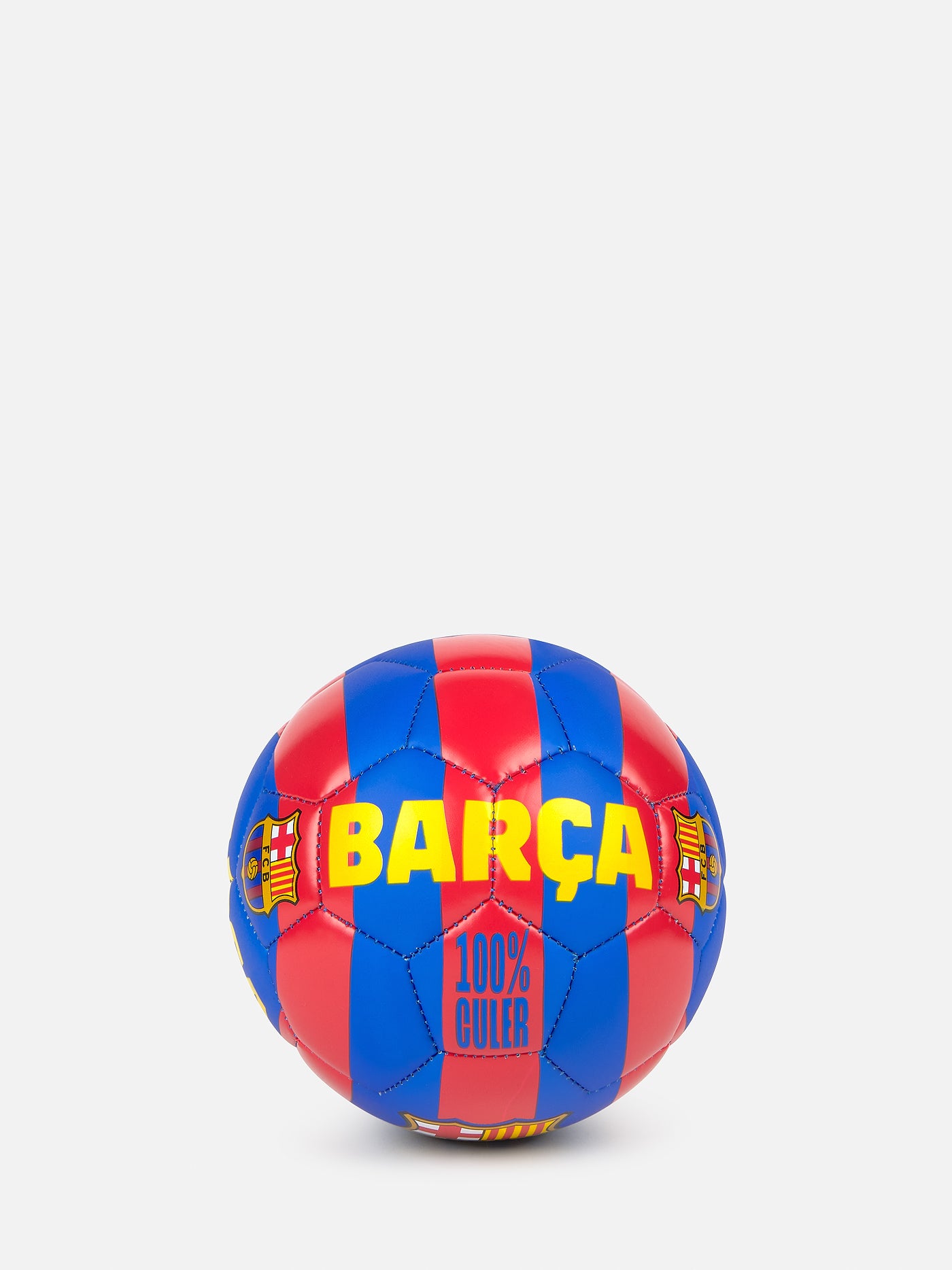 Blue and red striped football featuring the FC Barcelona crest and bold yellow text that reads 'BARÇA' and '100% CULER'