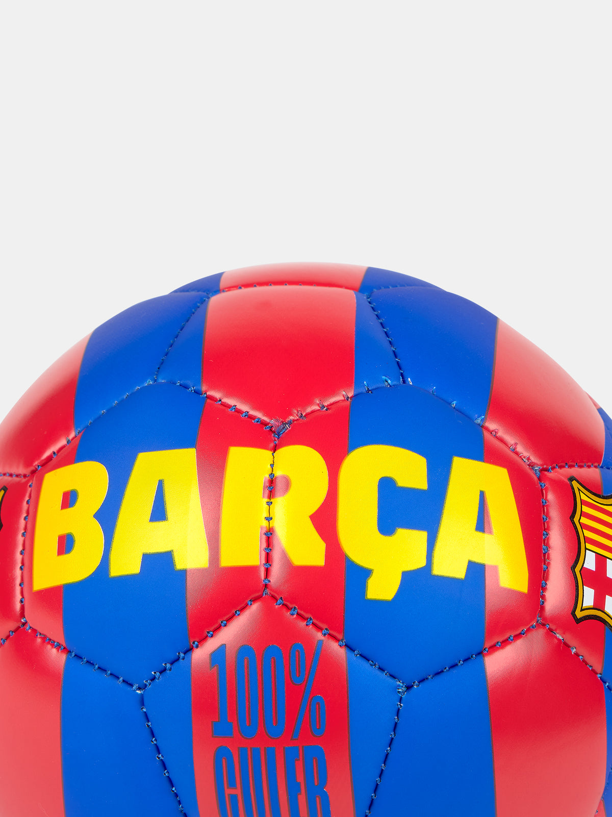 Blue and red striped football featuring the FC Barcelona crest and bold yellow text that reads 'BARÇA' and '100% CULER'