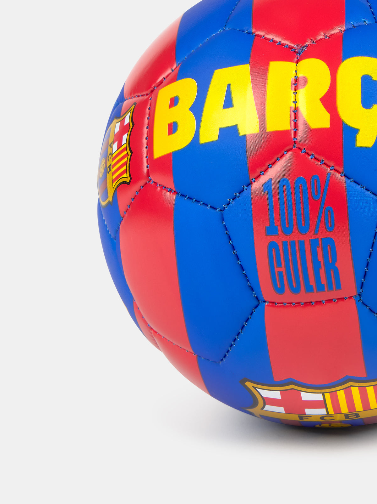 Blue and red striped football featuring the FC Barcelona crest and bold yellow text that reads 'BARÇA' and '100% CULER'