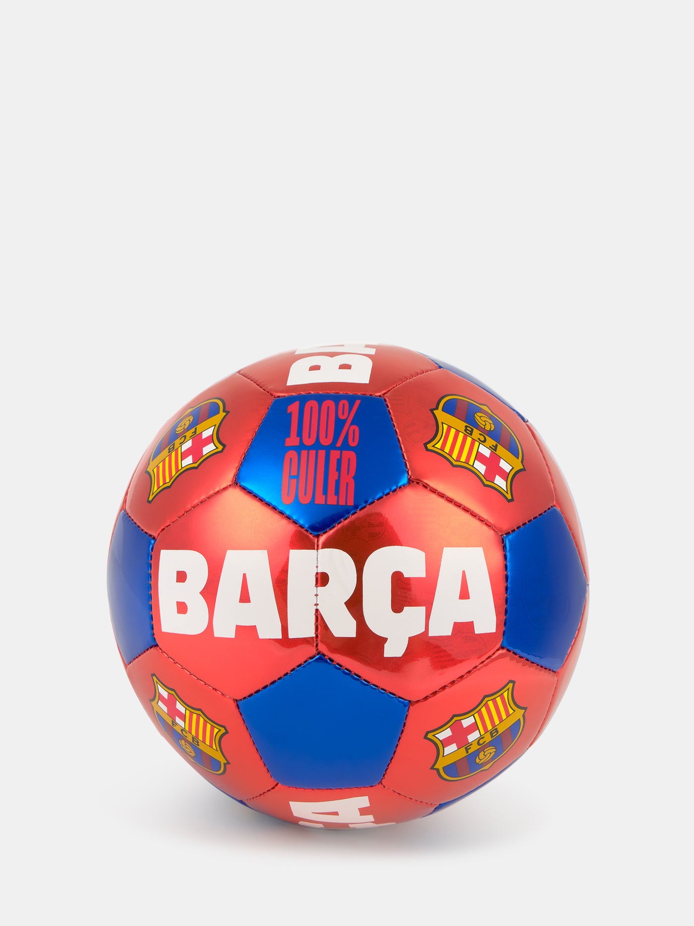 Red and blue metallic football featuring multiple FC Barcelona crests and bold white text that reads 'BARÇA' and '100% CULER