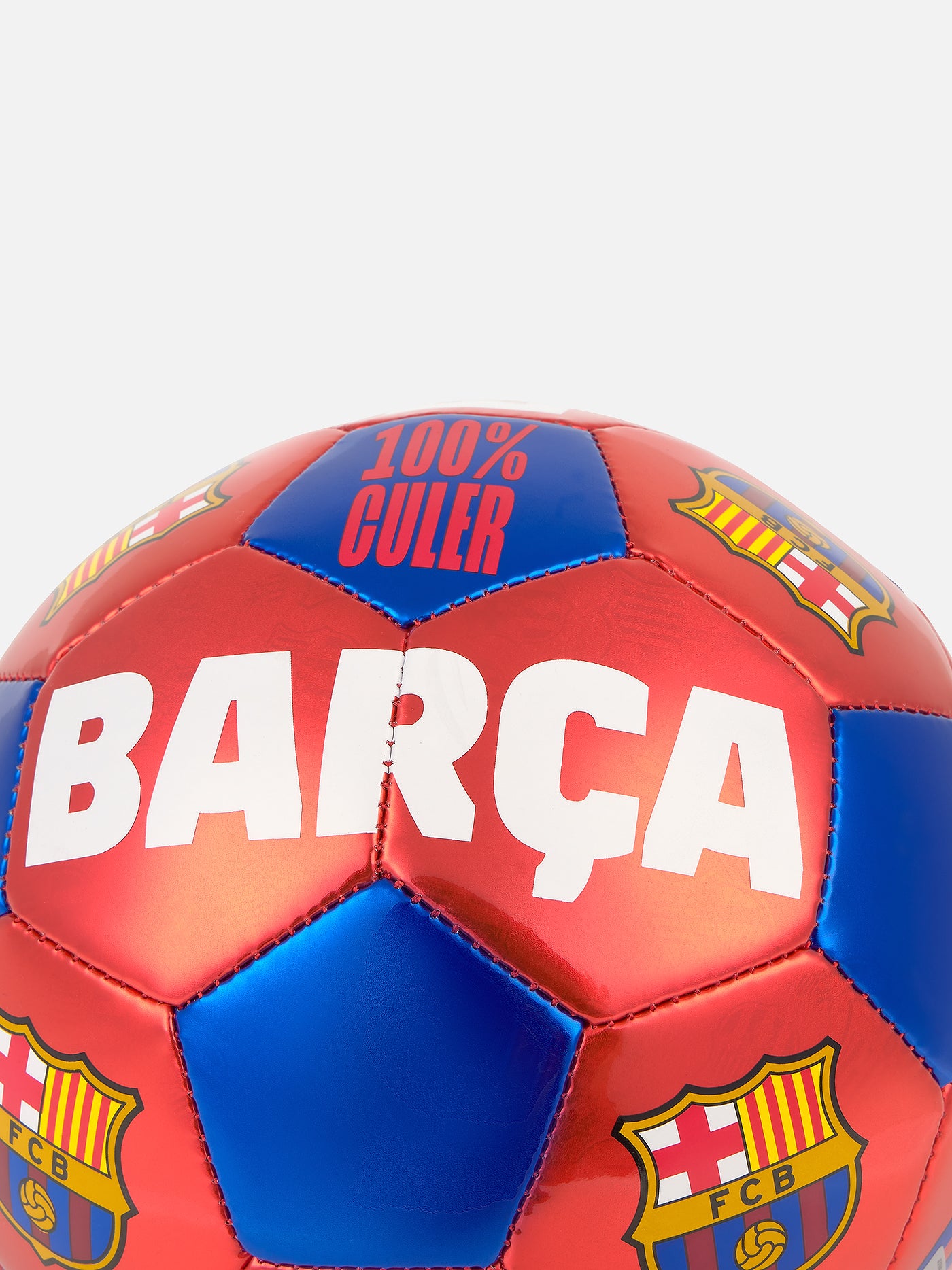 Red and blue metallic football featuring multiple FC Barcelona crests and bold white text that reads 'BARÇA' and '100% CULER