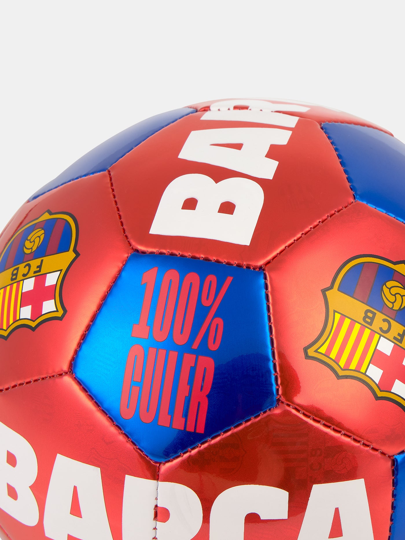 Red and blue metallic football featuring multiple FC Barcelona crests and bold white text that reads 'BARÇA' and '100% CULER