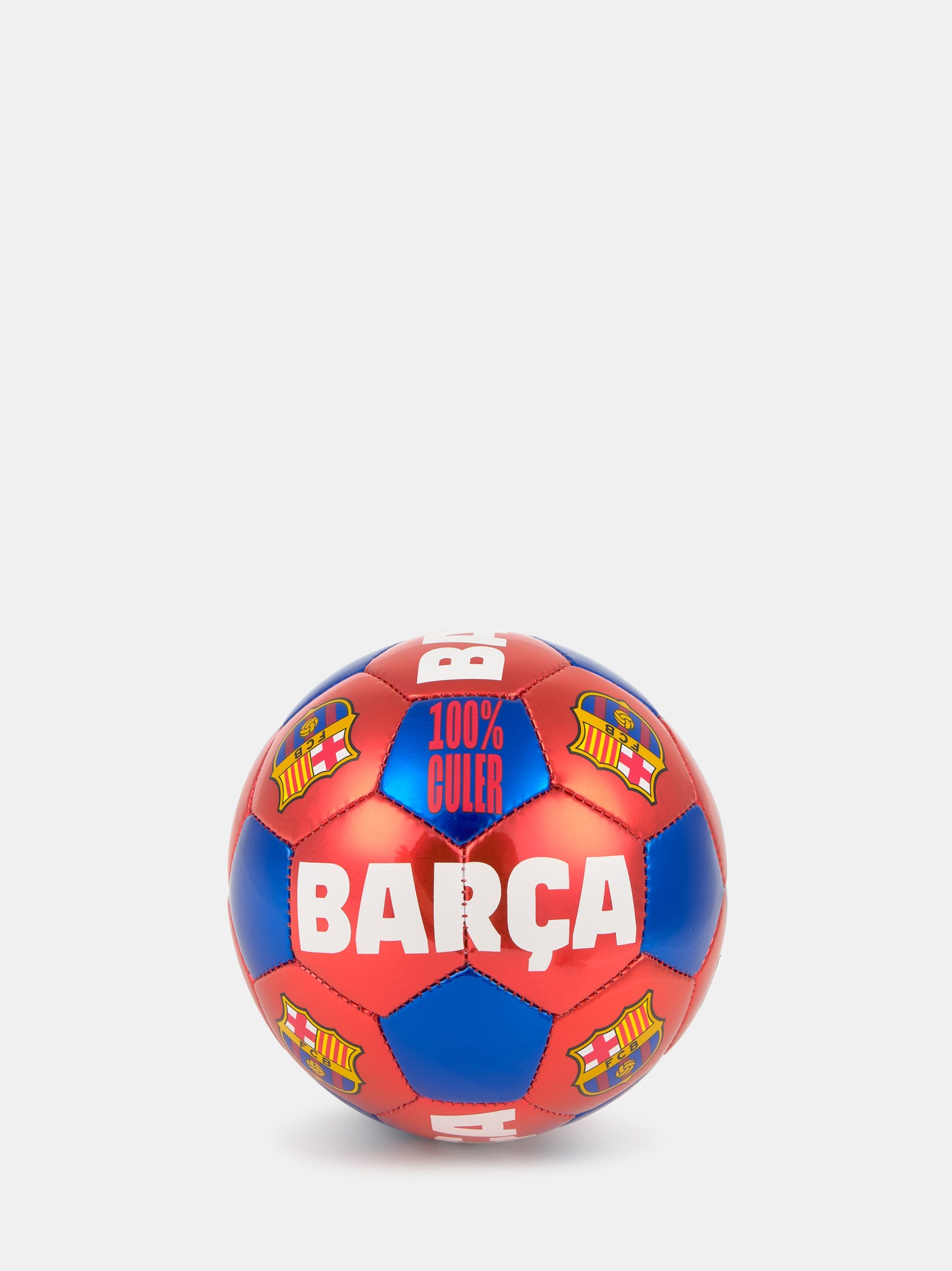 Red and blue metallic football featuring multiple FC Barcelona crests and bold white text that reads 'BARÇA' and '100% CULER