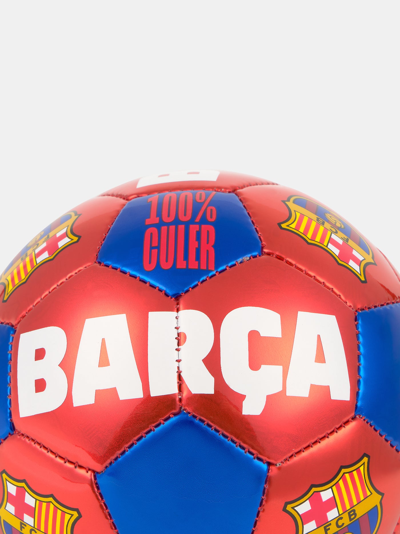 Red and blue metallic football featuring multiple FC Barcelona crests and bold white text that reads 'BARÇA' and '100% CULER