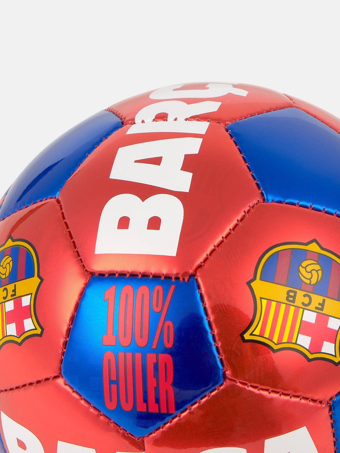 Red and blue metallic football featuring multiple FC Barcelona crests and bold white text that reads 'BARÇA' and '100% CULER