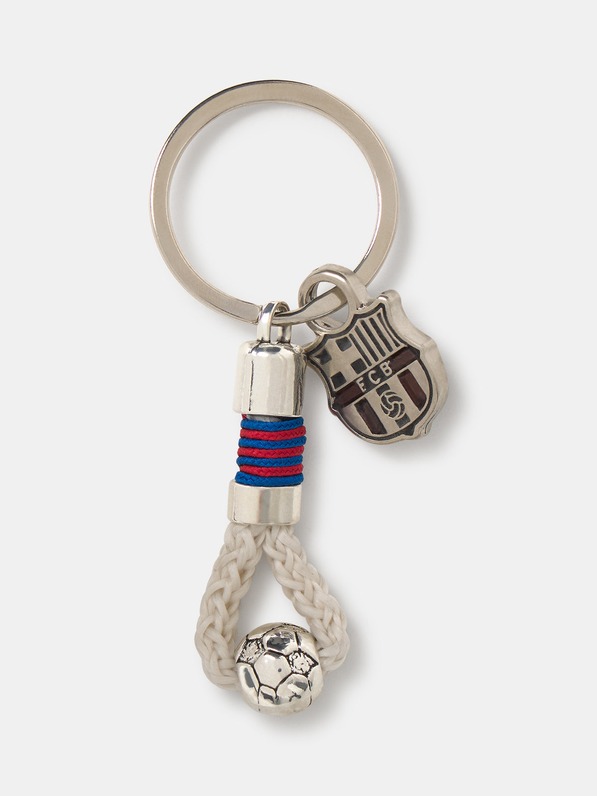 FC Barcelona keychain with metal crest, braided rope, and silver football charm.