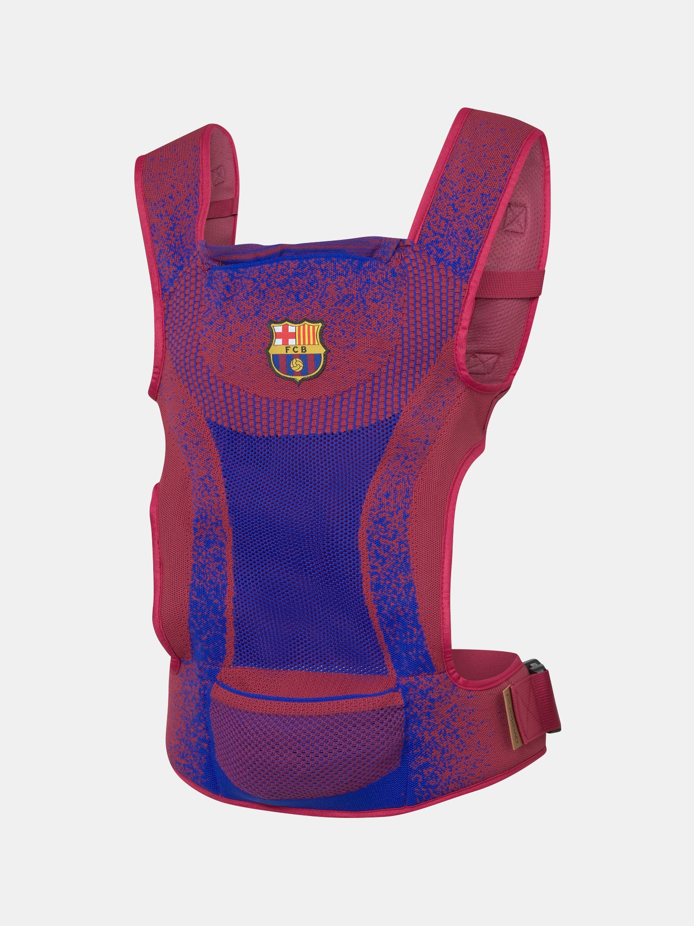  red and blue FC Barcelona baby carrier featuring the club's crest.