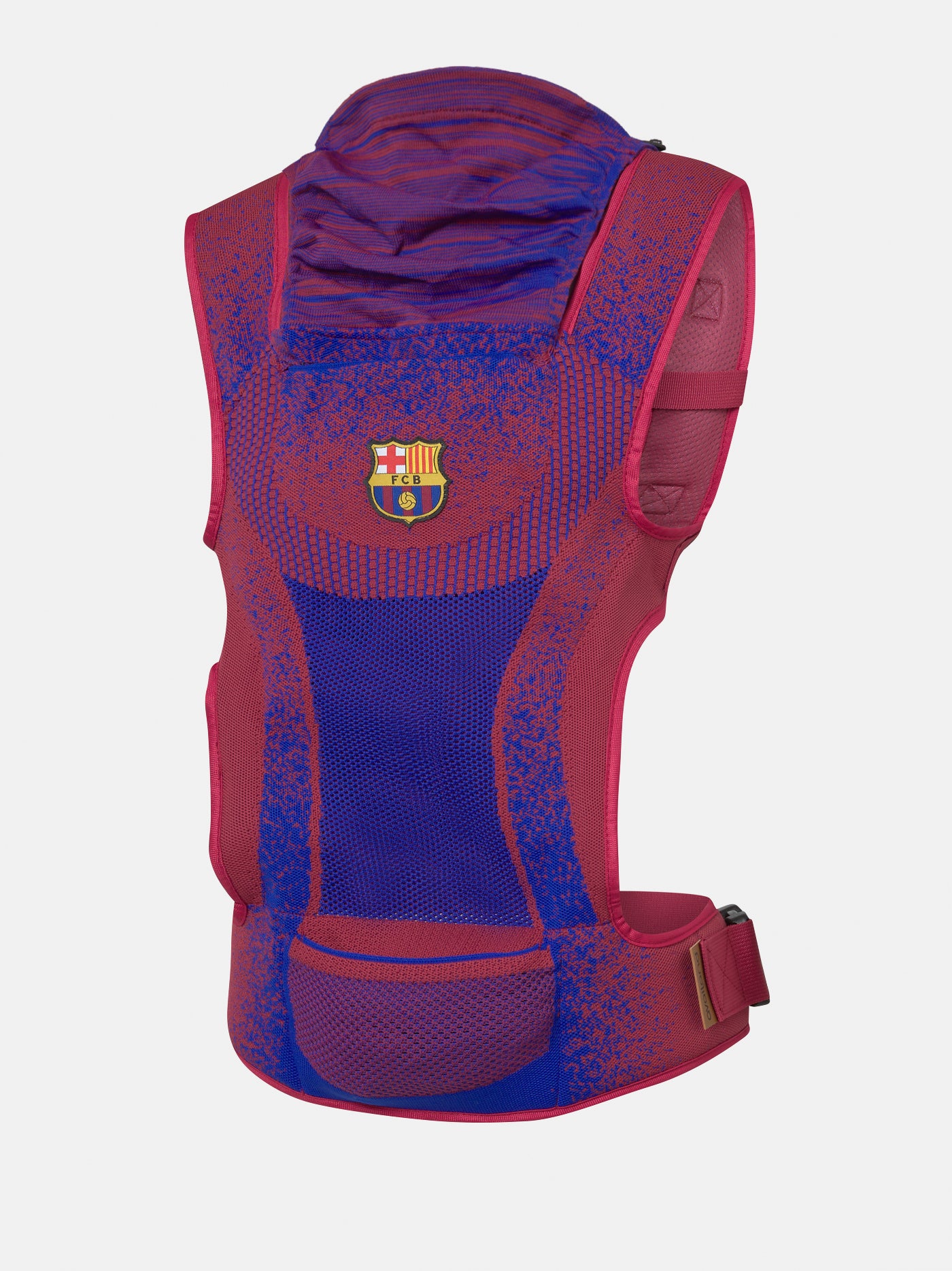  red and blue FC Barcelona baby carrier featuring the club's crest.
