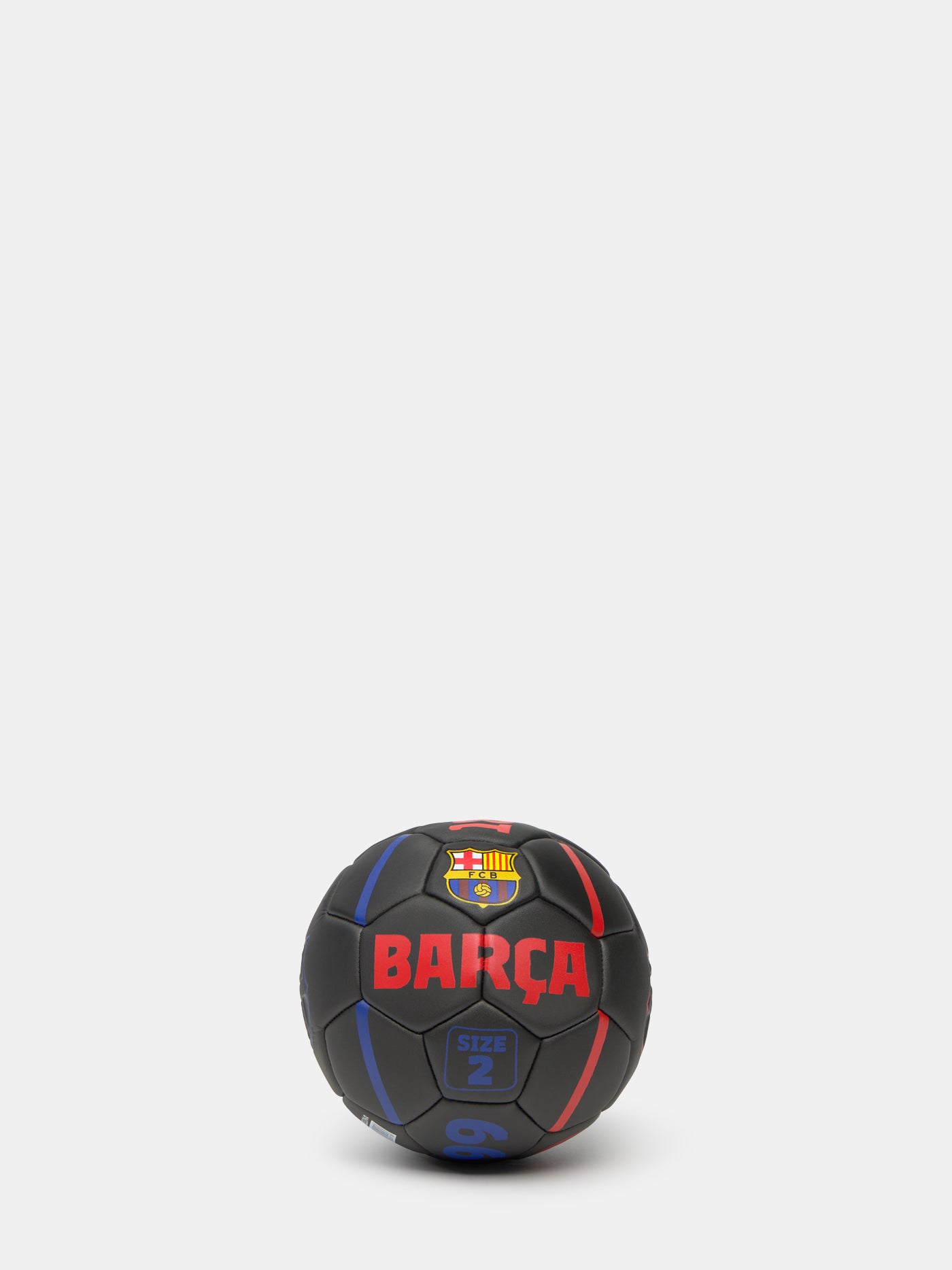 Black size 2 football with red and blue accents, featuring the FC Barcelona crest and the word 'BARÇA' in bold red letters