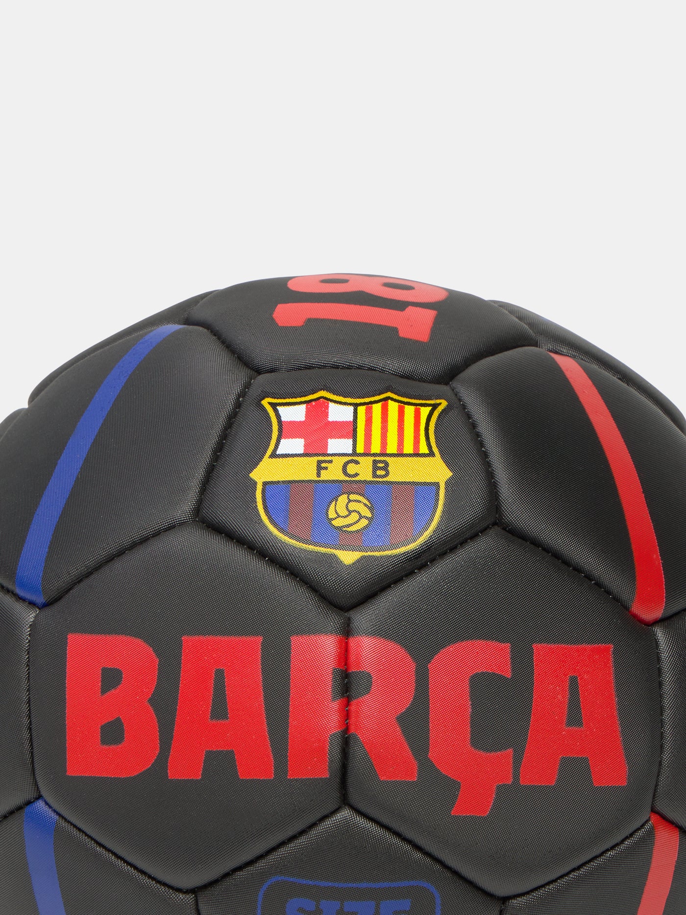Black size 2 football with red and blue accents, featuring the FC Barcelona crest and the word 'BARÇA' in bold red letters