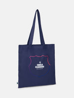 Navy blue FC Barcelona tote bag with 'Familia Blaugrana' text and shield outline design