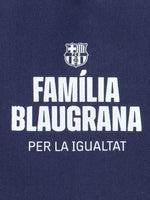 Navy blue FC Barcelona tote bag with 'Familia Blaugrana' text and shield outline design