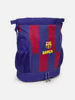 Striped red and blue drawstring backpack with FC Barcelona crest, 'Barça' text on the front, and side mesh pockets.