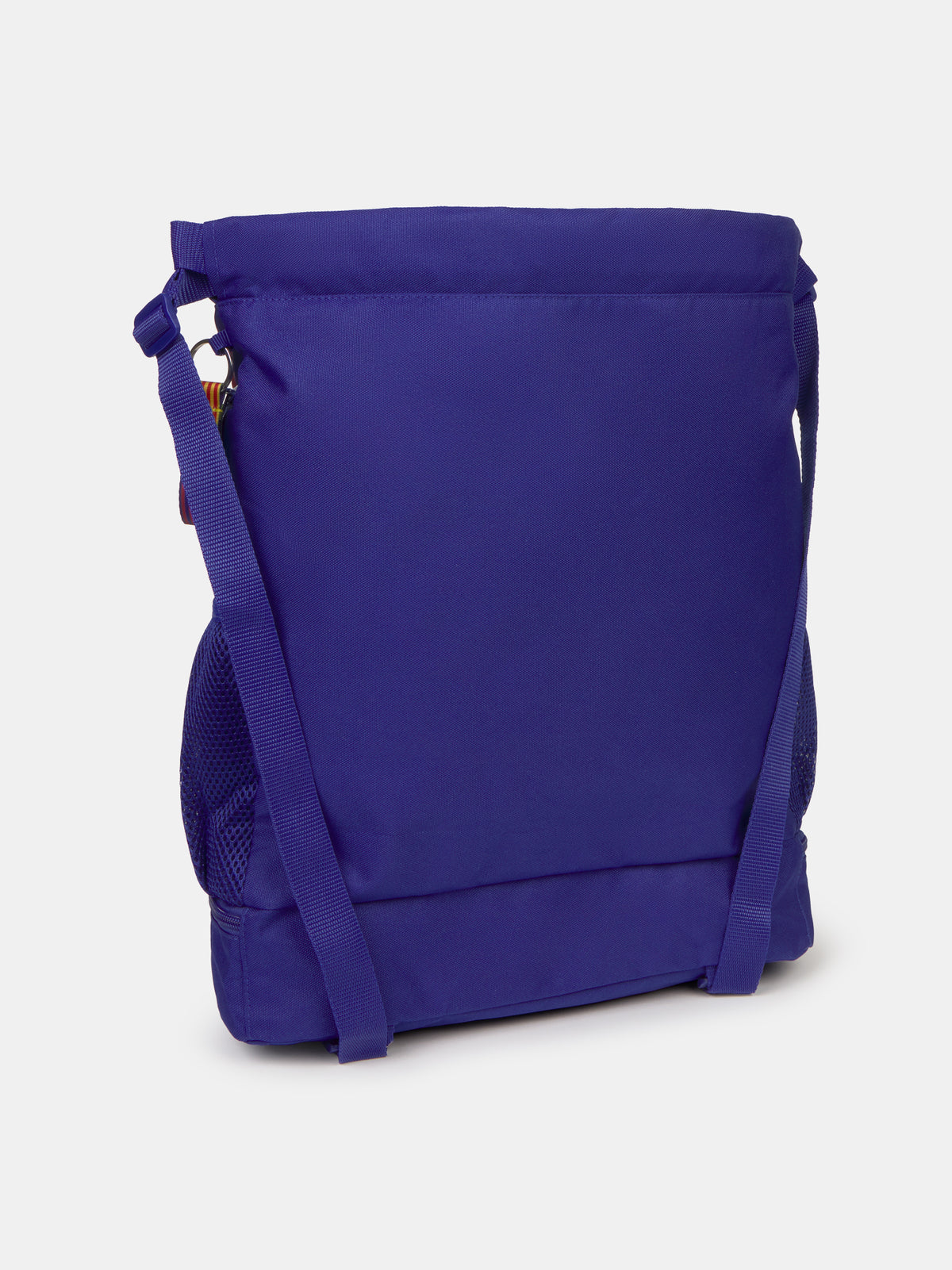 Striped red and blue drawstring backpack with FC Barcelona crest, 'Barça' text on the front, and side mesh pockets.