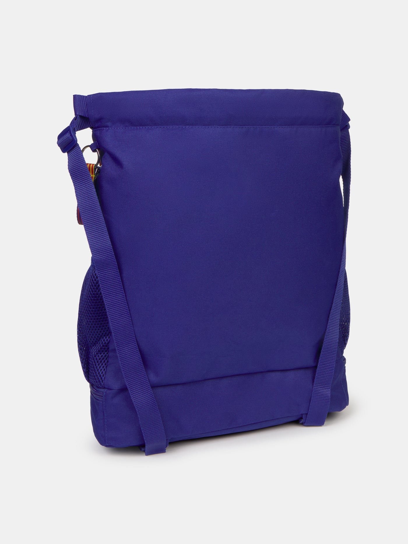 Striped red and blue drawstring backpack with FC Barcelona crest, 'Barça' text on the front, and side mesh pockets.