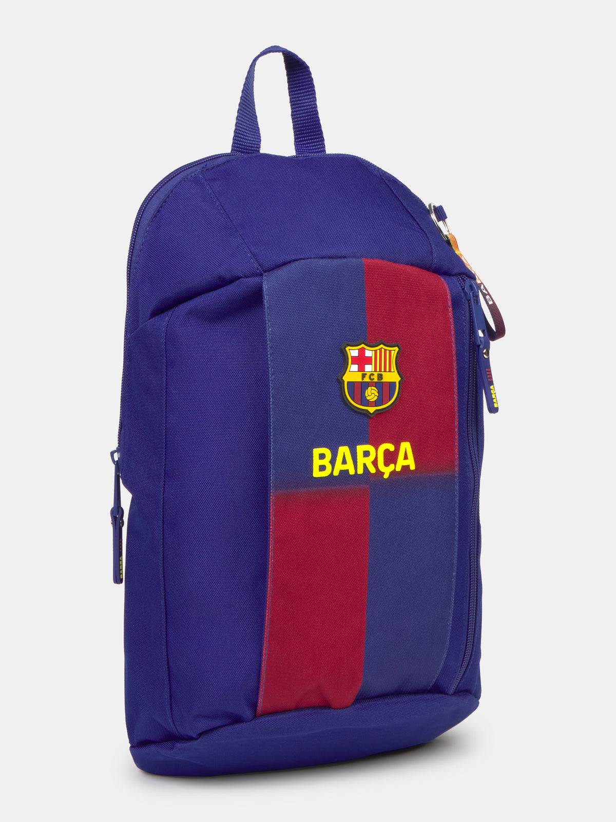 Compact red and blue striped backpack with FC Barcelona crest and 'Barça' text on the front panel