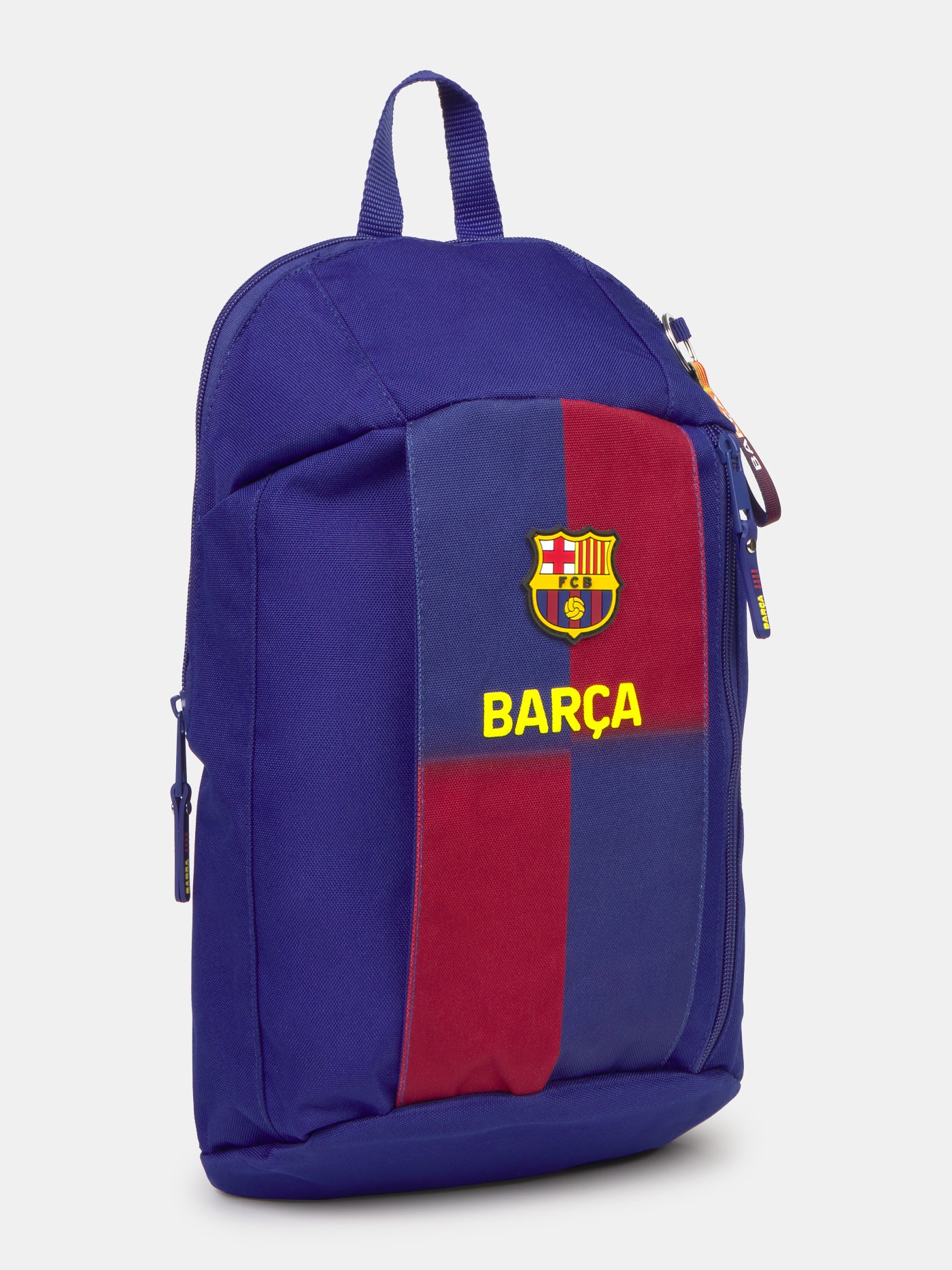 Compact red and blue striped backpack with FC Barcelona crest and 'Barça' text on the front panel
