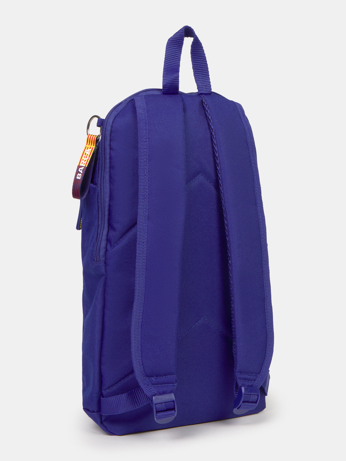 Compact red and blue striped backpack with FC Barcelona crest and 'Barça' text on the front panel