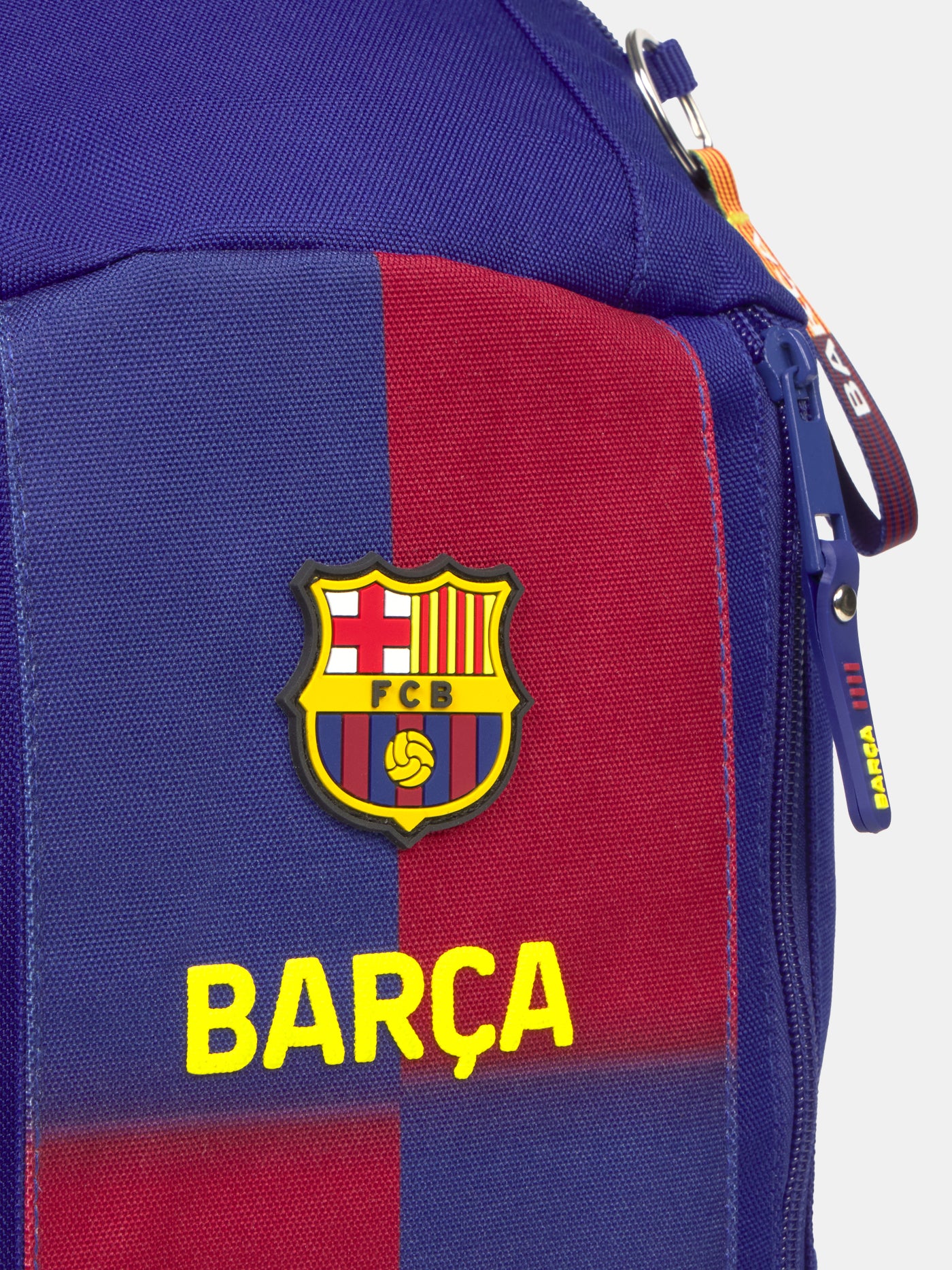 Compact red and blue striped backpack with FC Barcelona crest and 'Barça' text on the front panel